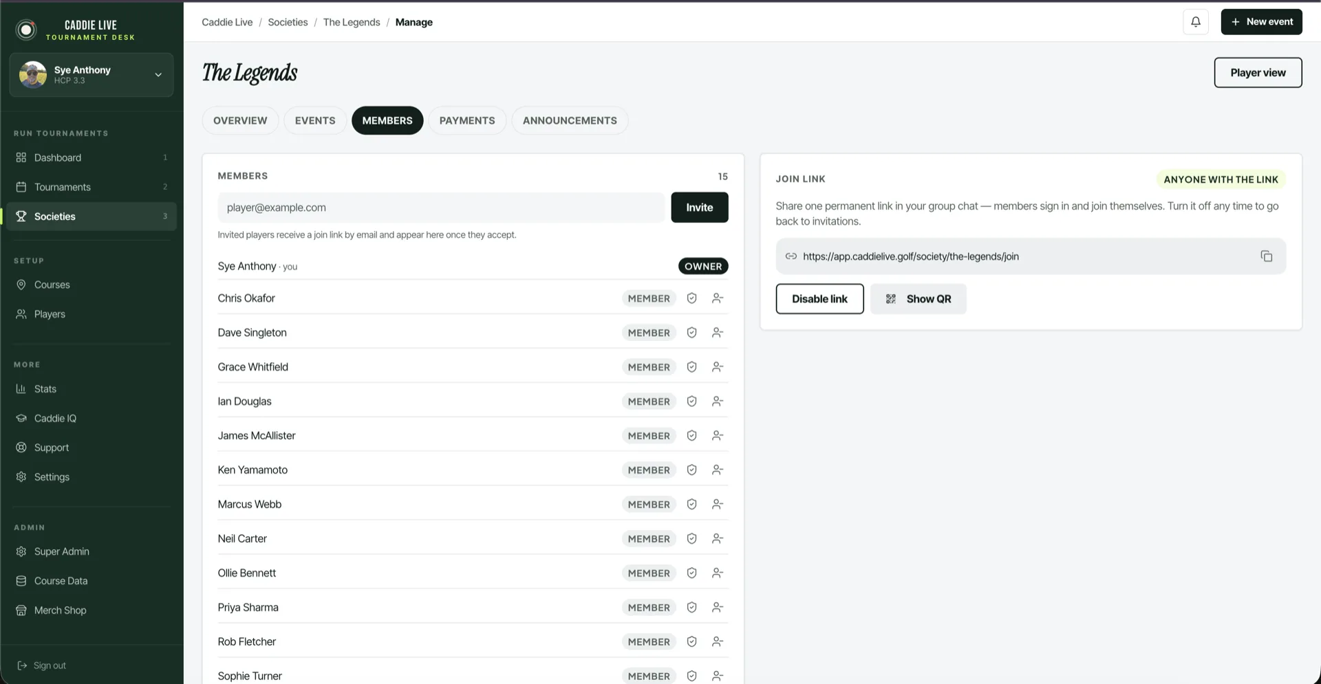 Society member list with roles, handicaps and invite options
