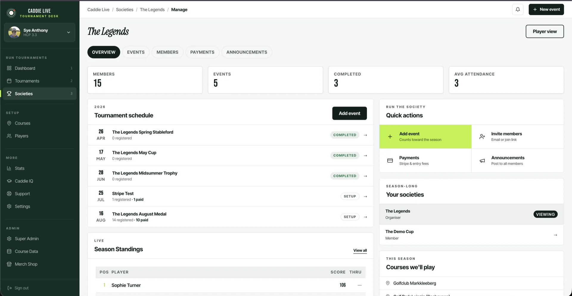 Society Caddie organiser dashboard showing the season schedule, live standings and quick actions